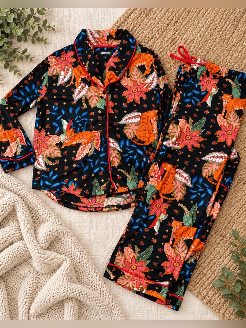 Room Service Tiger Floral Print Pajama Set Black Pink Women’s XXL
